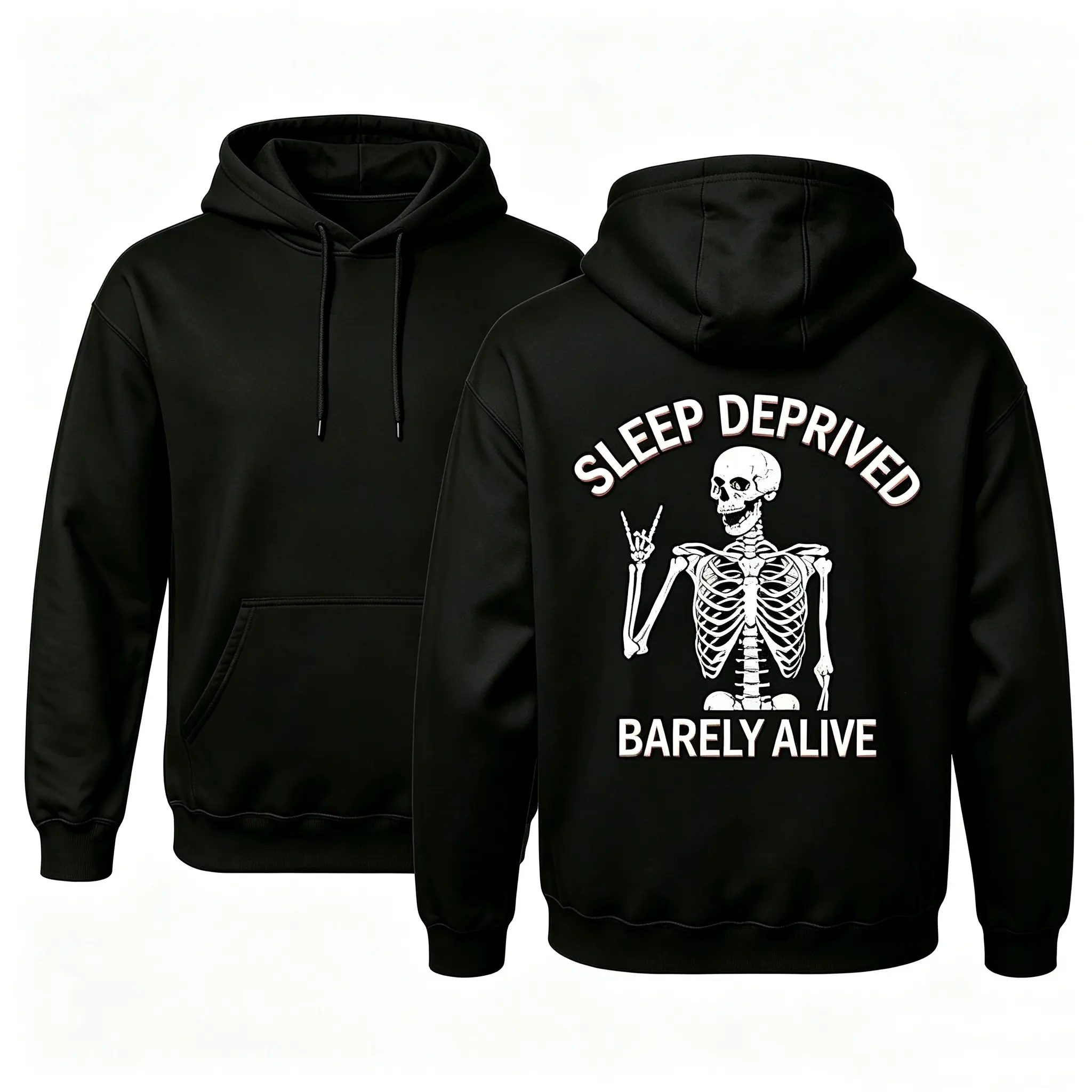 Men's Poly-Cotton Skeleton Peace Sign Graphic Hoodie - Loose-Fit Casual Streetwear Pullover Tops with Pockets, Medium Length, Sleep Deprived Barely Alive Slogan, Long Sleeve, Machine Washable Menswear Graphic Print