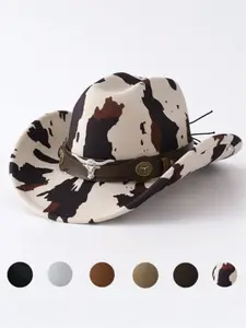 Vintage American Cowhide Faux Leather Cowboy Hat, Western Style Jazz Cap, Casual Loose-Fitting Headwear for All Seasons, Suitable For Outdoor Activities, Unique Pattern