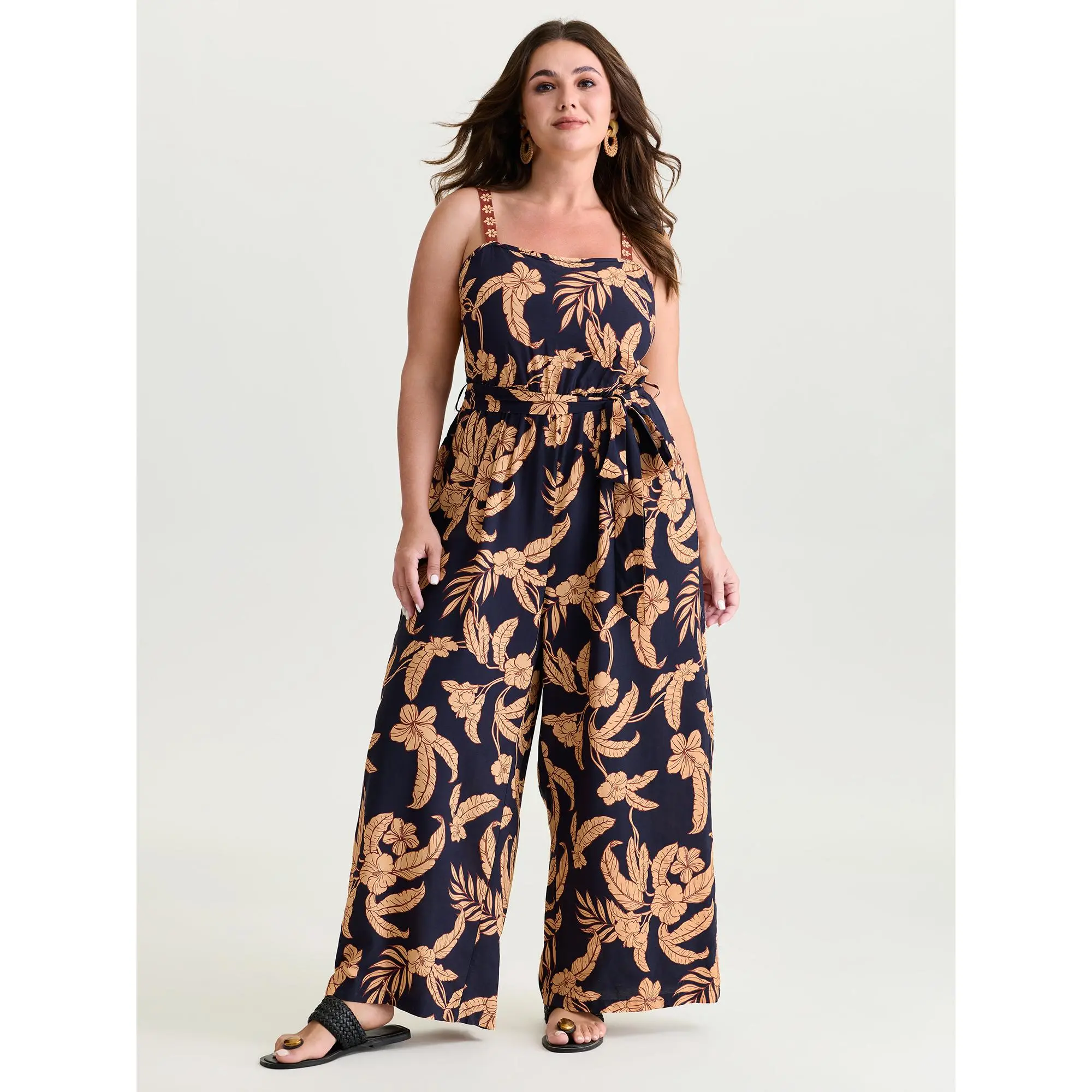 BloomChic Jumpsuit, Plus Size Bohemian Colorblock Rayon Resort Wear Garment, Sleeveless Halter Neck Maxi with Belt and Pockets, Leaf, Low Iron, Overalls For Women, Plus Size Overalls, Rayon Fabric, Leaf Print, Belted, Cold Wash, 14-16/1X, Smooth, Fit, Max
