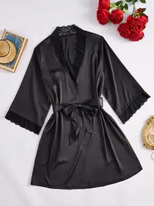 Women's Luxury Silk Feel Lace Hem Kimono Sleep Robe, Long Sleeve Satin Nightwear with Belt, Elegant Home Wear & Bridal Party Gown