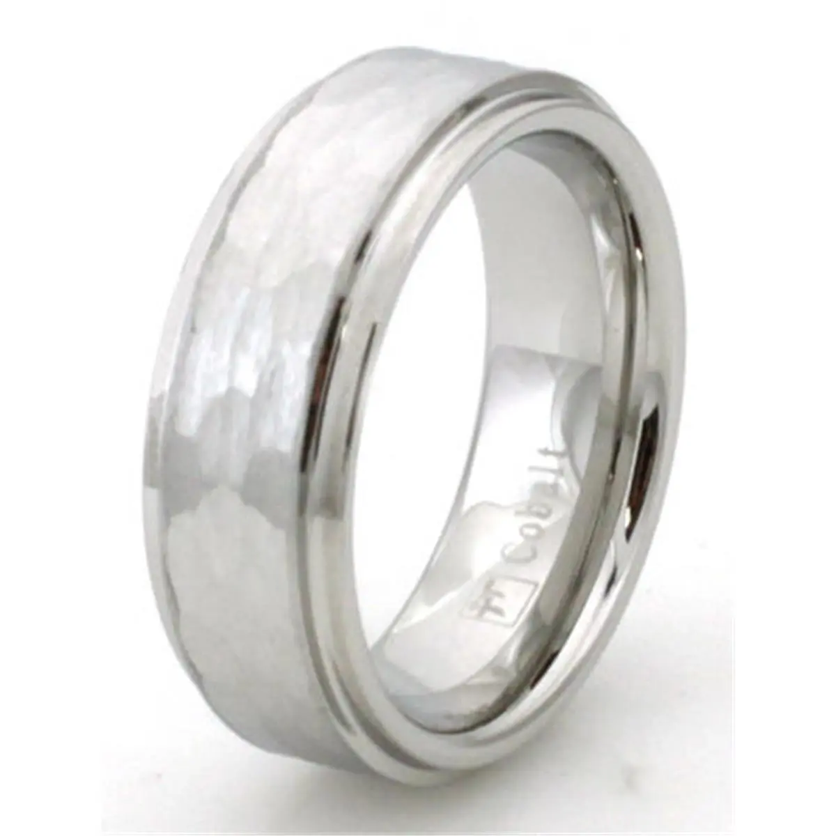 8mm Hammered Cobalt Chrome Ring, Elegant Round Band with a Step-Down Edge - Comfort Fit for All Seasons and Everyday Wear, Hammer Style Center, Polished Look, Unisex