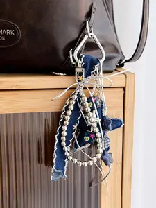 Vintage Denim Blue Star Bag Charm, Dopamine Silver Color Beaded Strap, Letter Pendant, Style Phone Chain Keychain Accessory