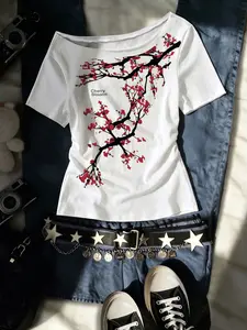 Women's Asymmetric Neckline Graphic Tee, Sexy Off-Shoulder Summer Casual T-Shirt, Outdoor Fashion Trendy Daily Wear, Cherry, Streetwear