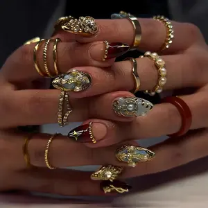 24 Pcs 3D Baroque Almond Nails, Blue Gradient, Gold Cross Pearl Rhinestone, Glossy Reusable False Nails, Gothic Style, Party & Daily Wear