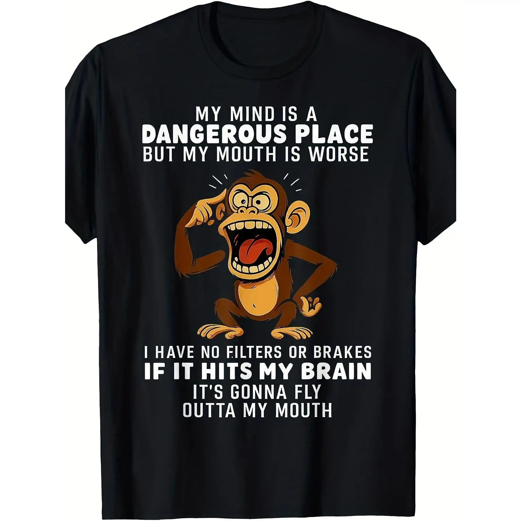 my mind is a dangerous place funny monkey tshirt, no filter sarcasm oversized graphic tee, men's edgy humor streetwear casual cotton top, funny daily wear gift shirt