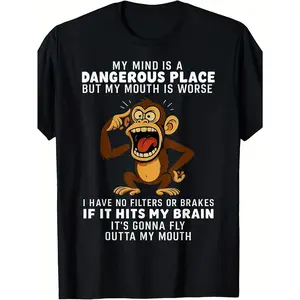 my mind is a dangerous place funny monkey tshirt, no filter sarcasm oversized graphic tee, men's edgy humor streetwear casual cotton top, funny daily wear gift shirt