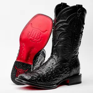 Black Ostrich Leather Boots - Square Toe