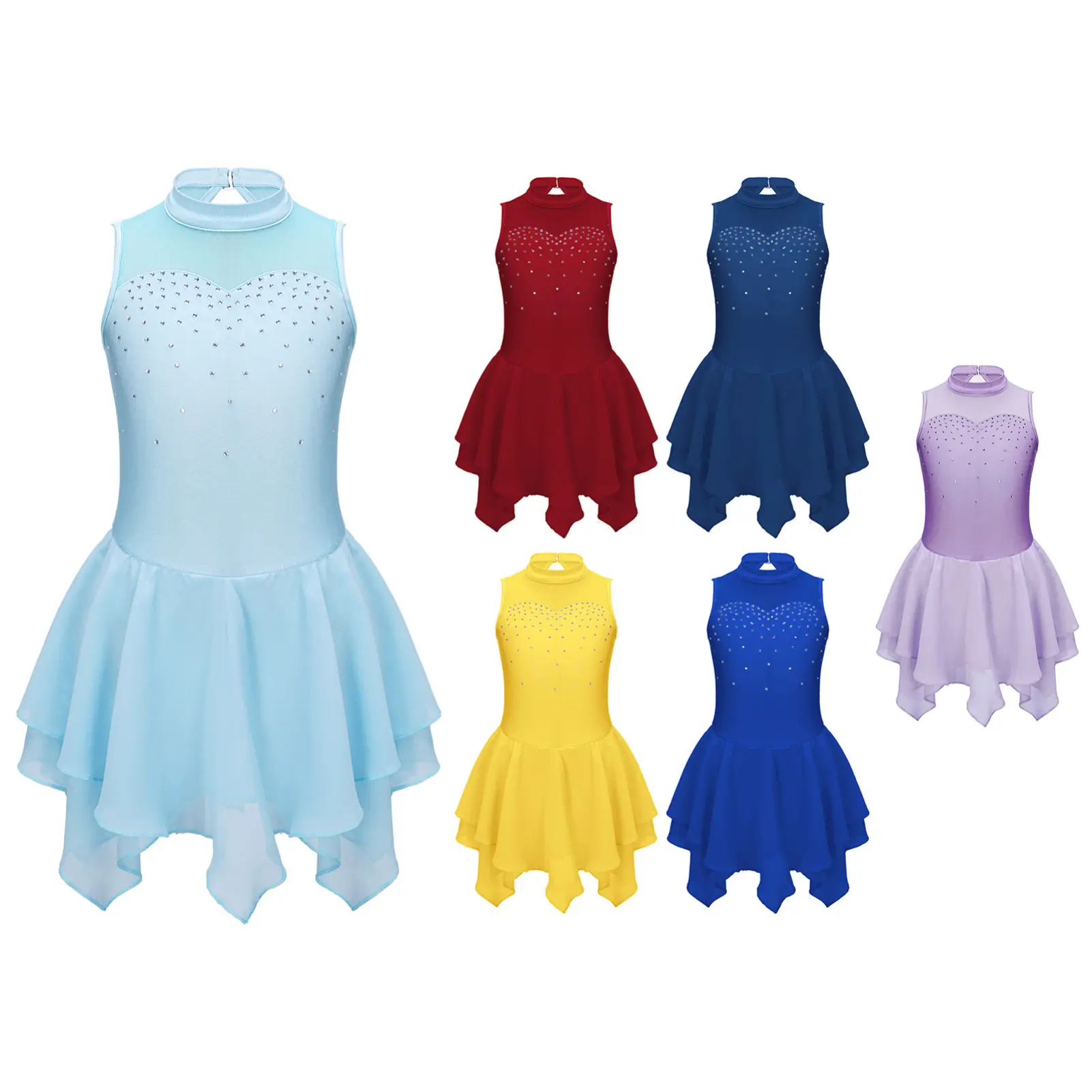 Girls' 1pc Rhinestone Embellished Sleeveless Keyhole Back A-line Ballet Dance Dress, 85% Polyester 15% Spandex Kids' Party Wear Clothing