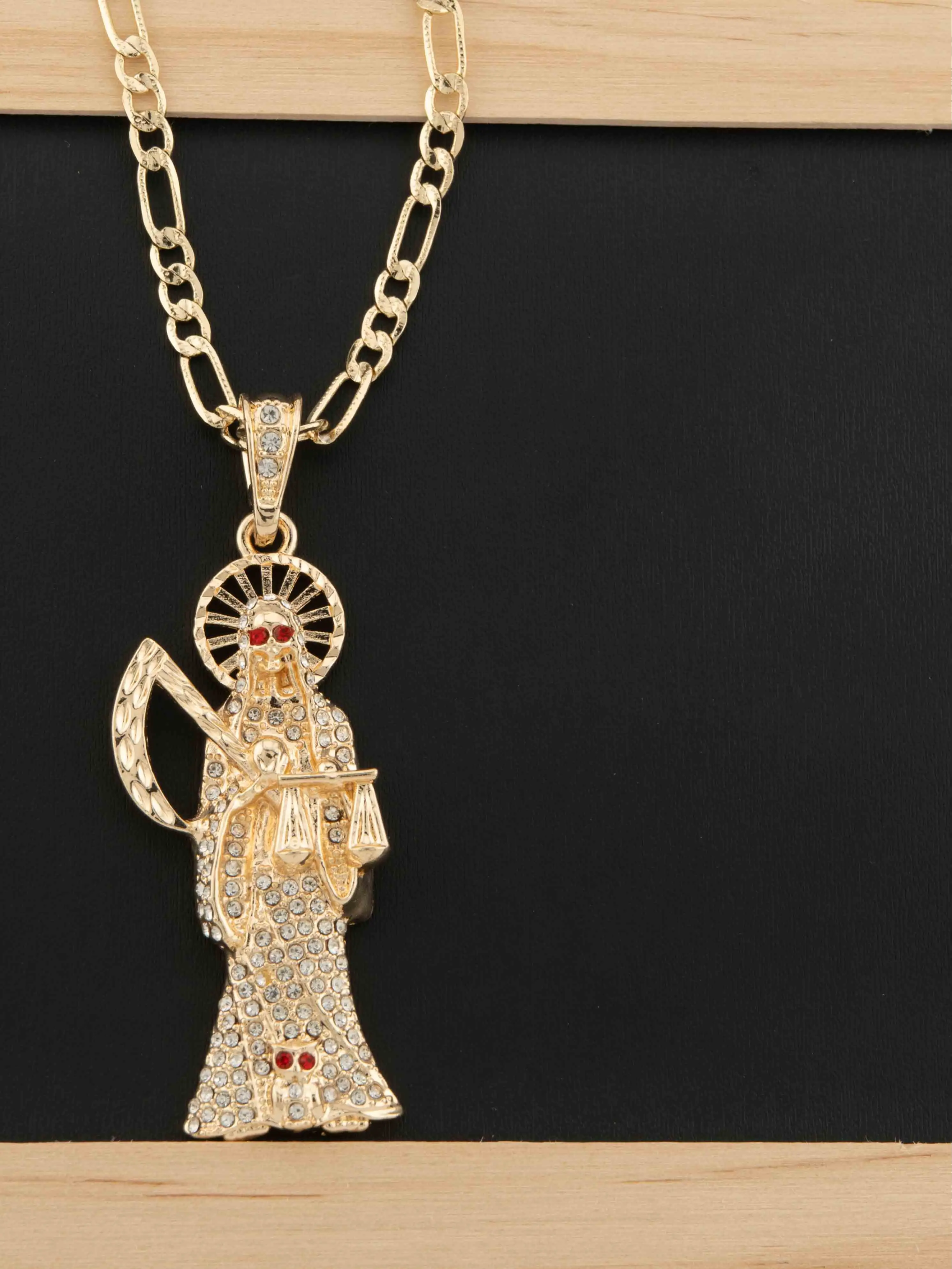 Gold-Plated Santa Muerte Pendant with 18 or 24 Inch Figaro Chain, Elegant Holy Death Jewelry for Faith-Based Fashion, Gold Plated Necklace, Chain & Link, Casual, 18-Inch, Long, Unisex