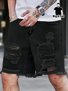 Plus Size Men's Ripped Denim Shorts, Summer Versatile Streetwear, Comfortable Fit, Durable and Easy Care, Casual Trendy