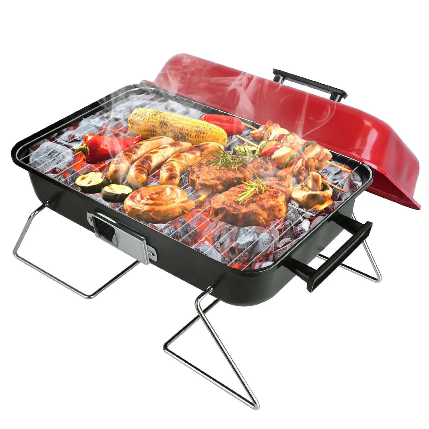 1-Piece Cast Iron Thick Metal Shell Compact Lightweight Portable Charcoal Grill with Carry Handle - Outdoor Tabletop Folding BBQ with Lid, Small Smoker for Backyard Camping, Outdoor Cooking, Parties