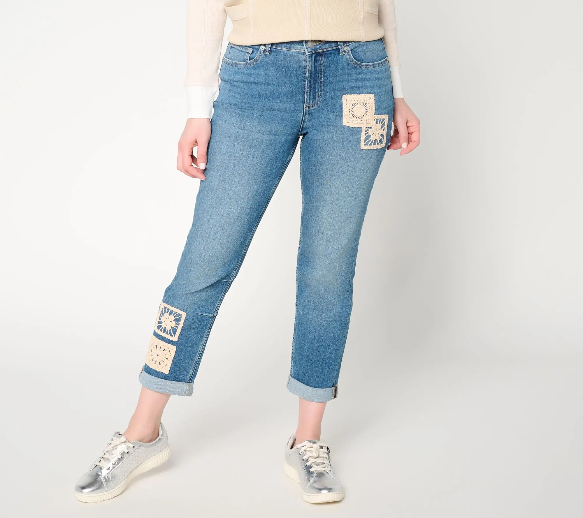 LOGO by Lori Goldstein Patchwork Petite Indigo Ankle Leg Jeans