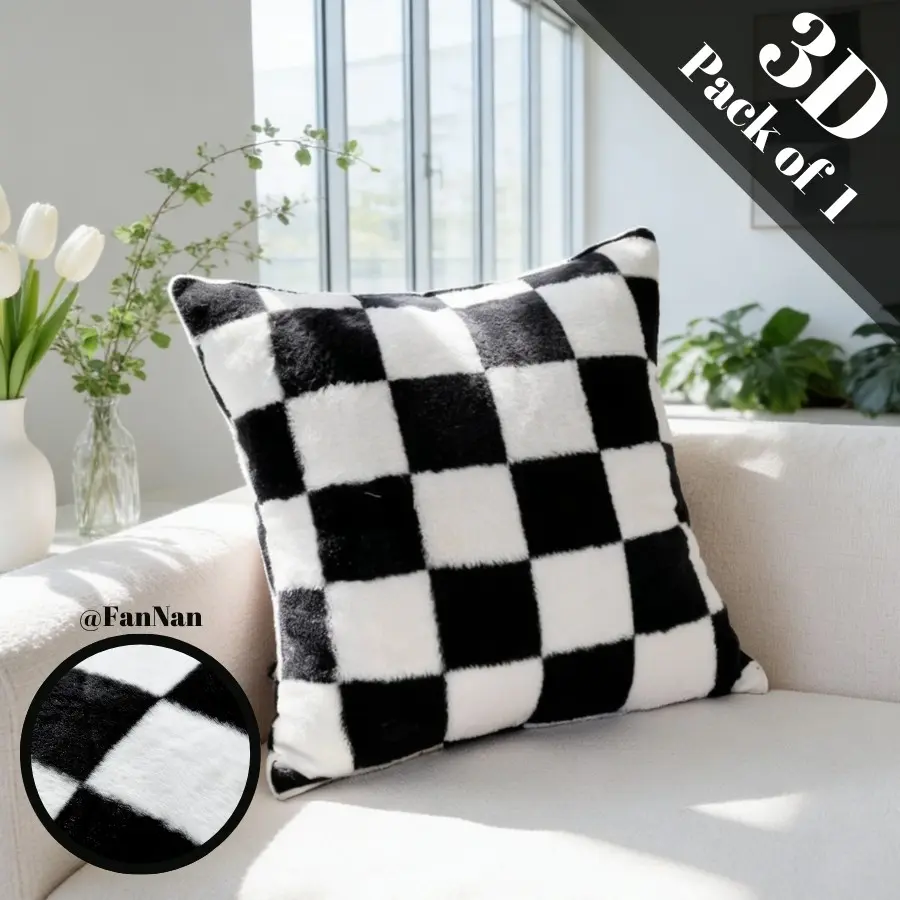 1pc Black White Checkerboard Pattern Fluffy Throw Pillow Cover, Cushion Cover, Decorative Cushion, Bedroom Decorative Accessories, Ins Style Modern Racing Design Soft All-Season Pillow Insert Not Included 18x18Inch For Home Decor