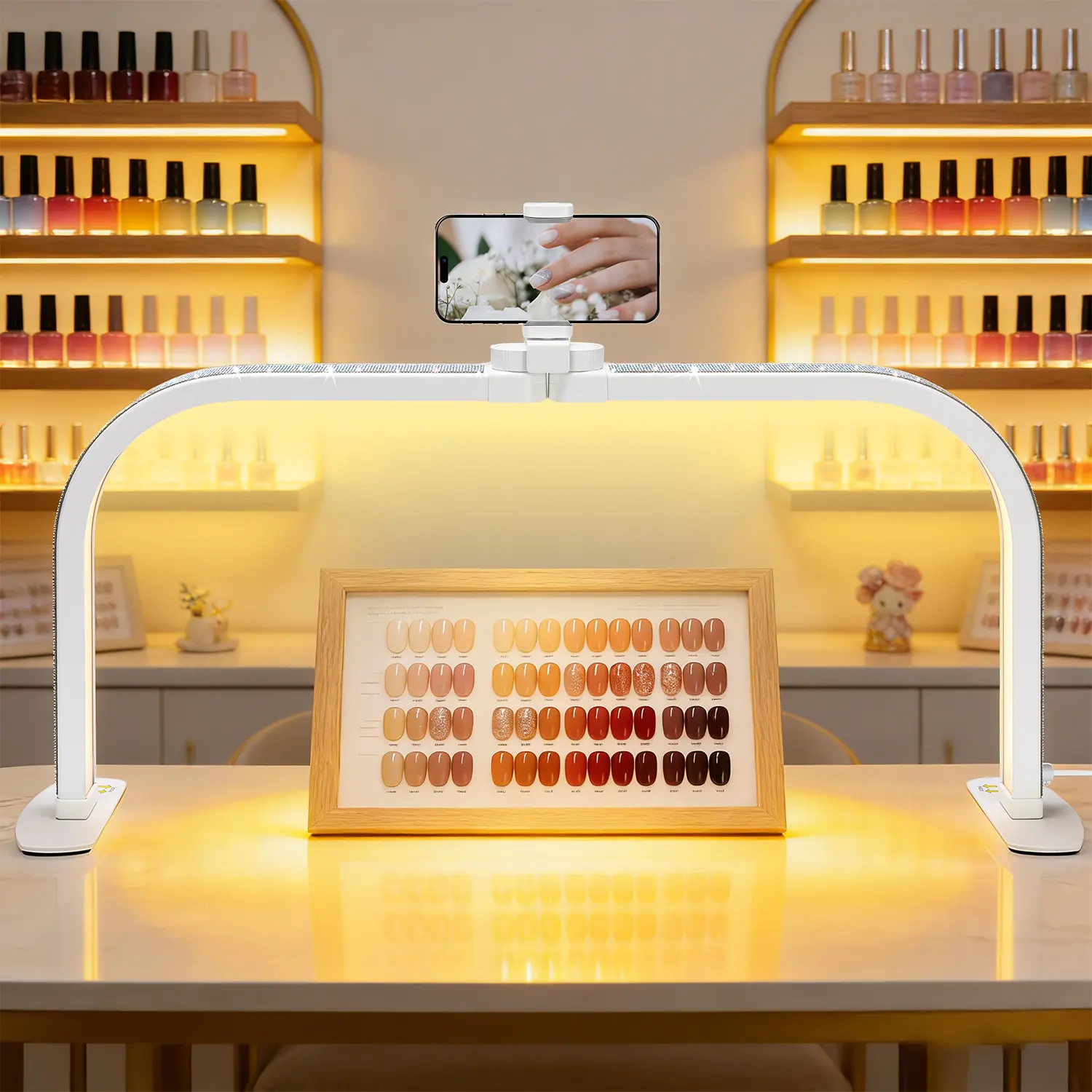 Professional Half Moon Nail Lamp, Foldable 25.6" U-Shaped LED Nail Desk Light With Phone Holder, Dimmable, Adjustable Color Temperature 3000K–6500K