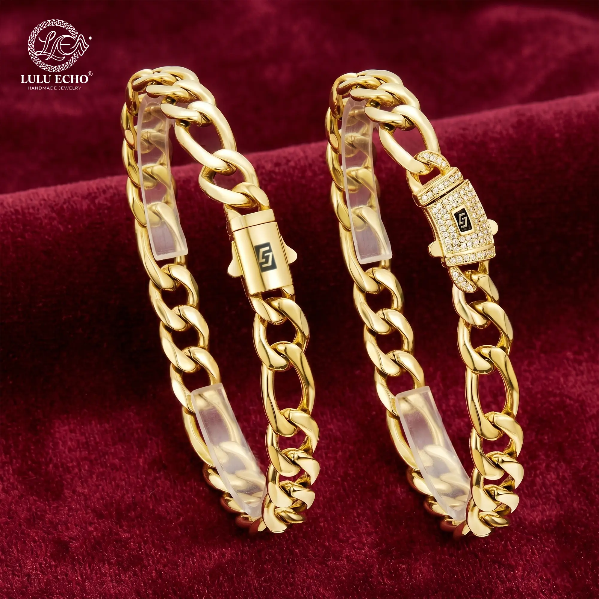 LuLuEcho Waterproof 14K Gold Plated 8mm Figaro Chain Necklace & Bracelet | Iced Out CZ & Plain Clasp | Non-Tarnish Unisex Jewelry | Free Gift Box