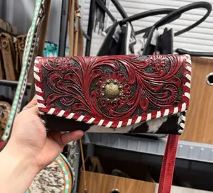 Genuine hand tooled leather & cowhide wallet with wristlet strap