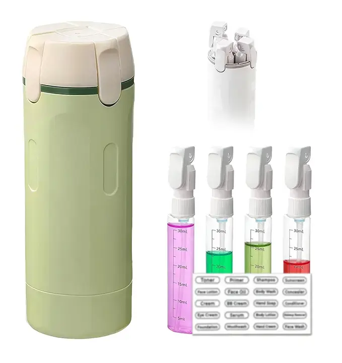 4-in-1 Travel Pump Dispenser Bottles, 30ML 4-Pack Leak-Proof Plastic Portable Atomizer Containers with Measurement Scale & Label Stickers, Lightweight Toiletry Bottles for Shower & Travel Use, Lightweight Travel & Perfume Bottle, Plastic Travel & Perfume