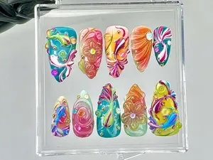 HelenNails – Swirly Rainbow Press On Nails with 3D Multicolor Nail Art, Psychedelic Neon Handmade Nails for Statement Looks – HL843