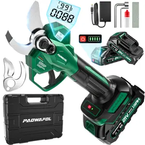 PAOWAFOL Electric Pruning Shears, 1.6 inch (41mm) Cutting Diameter Cordless Electric Scissors with LCD Display, 21V Brushless Motor Branch Cutter with 2 PCS Rechargeable 2000mAh Batteries & 2 Blades (Green)