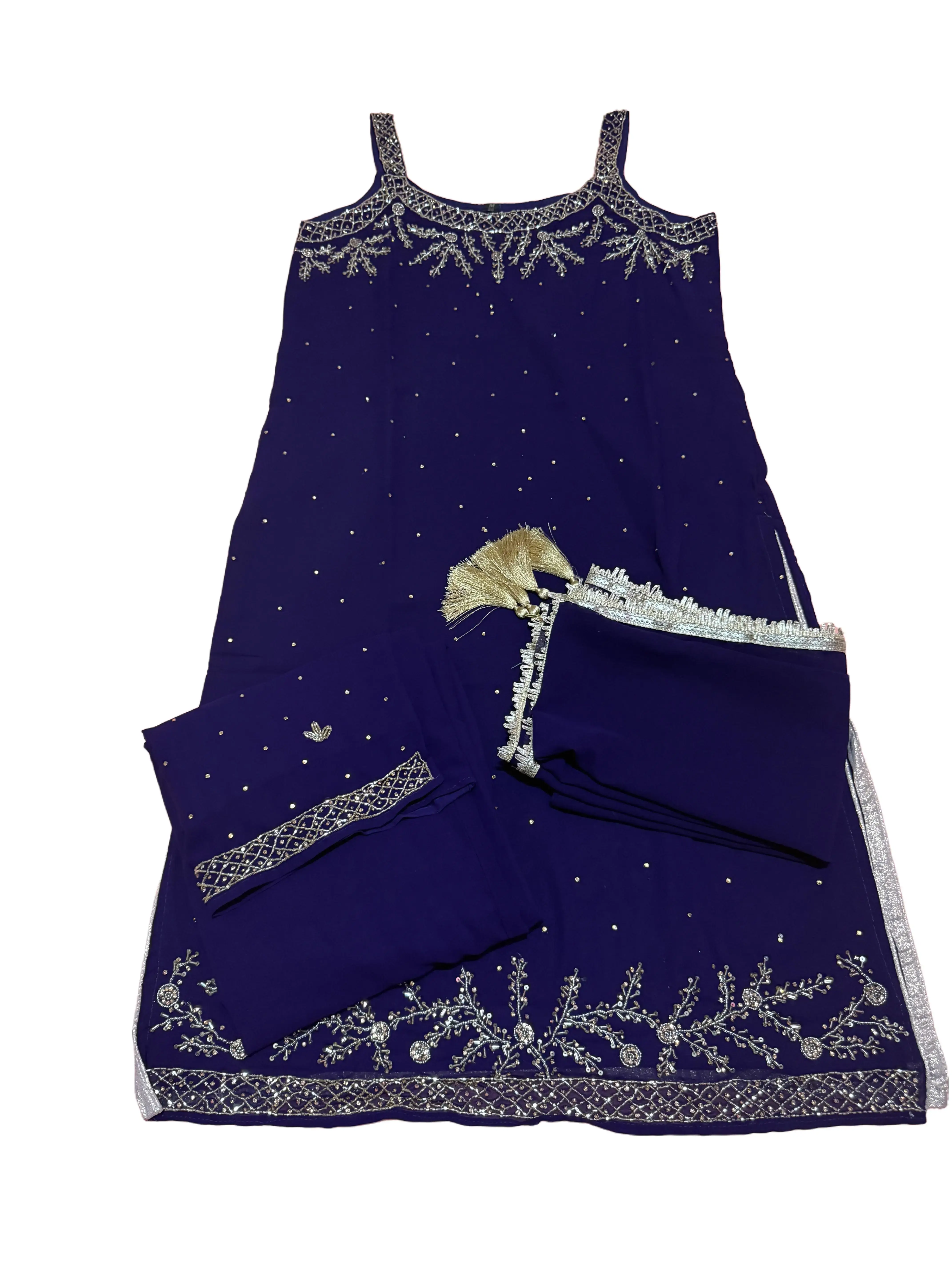 Women's Boutique Kurtha Set, Elegant 2-Piece Sleeveless Chiffon Outfit with Rhinestones and Palazzo Pants for Daily Wear, Elegance, Comfortable, Daily Wear Clothing, Women's Clothes, Outfits, Boutique Kurtha With Palazzo Pant, Stone Worked, Ethnic Women's