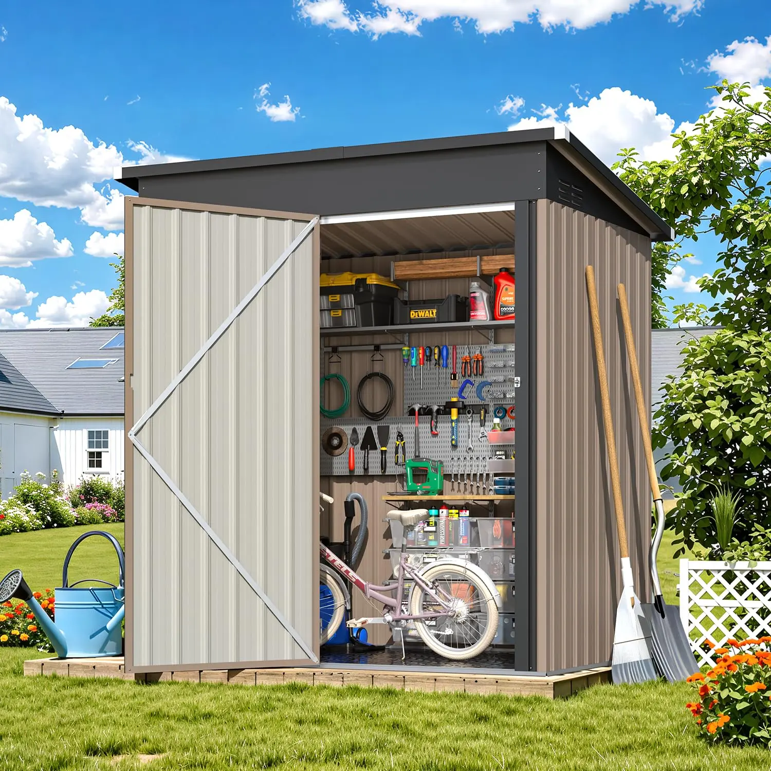 AECOJOY 5'x3' Outdoor Storage Shed with Floor Base, Small Metal Garden Sheds & Outdoor Storage Clearance with Waterproof Floor Included, 3x5 Tiny Utility and Tool Sheds for Backyard, Patio and Outside