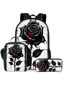 Black Rose Print Backpack Set, including lunch bag, pencil case and shoulder bag, Backpack For School, School Backpacks