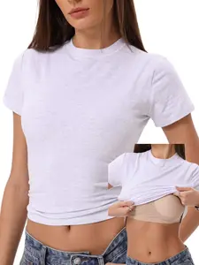 Danysu Built In Bra Solid Cotton Crewneck TShirt No See Through Stretchy Lightweight Fitted Everyday Basic Tops Gym Workout Casual Tee Minimalist