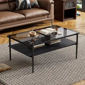 Rectangle Coffee Table with Gray Tempered Glass top and Black Legs,Modern Table for Living Room，38*24*18 inch