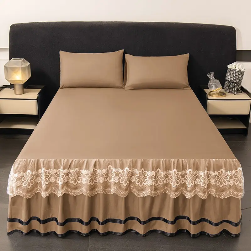 3pcs Pure Color Polyester Bedskirt Set, Includes 1 Bedskirt and 2 Pillowcases, Lace Edge, Suitable for Single Twin Full Queen King, Bedding Supplies, Bedding Accessories, Bedroom