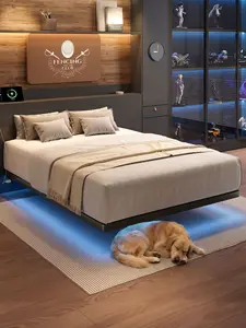 【CategorySelect】ONBRILL LED Floating Bed Frame, Queen Bed Frame with USB & AC Power Outlet, Heavy Duty Metal Platform Bed, No Box Spring Needed, No Noise, Easy Assembly, Bedroom Furniture, Stylish Furniture
