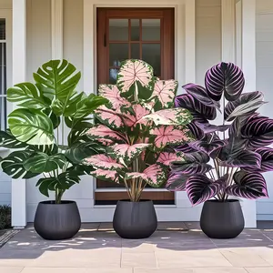 3-Piece Planter Set with Artificial Palm Trees, UV Resistant Plastic Indoor Outdoor Decor, & Leaves Design, Fake Indoor Plants