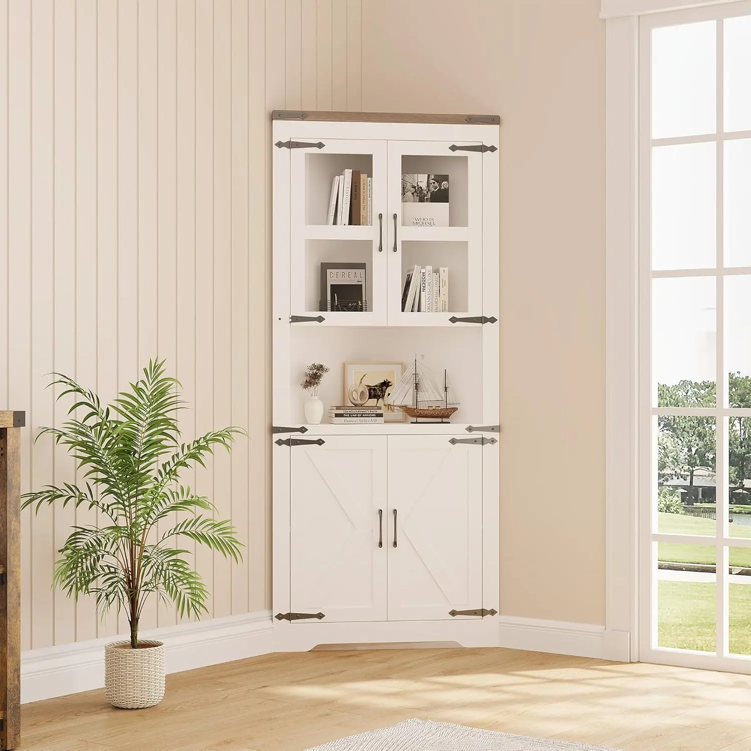 Tall Corner Cabinet with 2 Glass Doors and 2 Barn Doors, Farmhouse Storage Cabinets with Adjustable Shelves, Space-Saving Home Pantry Hutch for Living Room, Kitchen, Bathroom, White/GREY