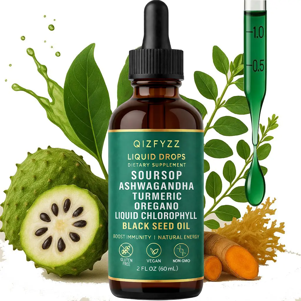 Qizfyzz 10-in-1 Natural Edible Soursop Bitters Herbal Drops - Dietary, Multi-Ingredient, Nicotine-Free, Ocean-Sourced Vitamin Supplements with Nori, Moringa, Turmeric, Oregano, Ashwagandha, Black Seed Oil - Vegan, Non-GMO Liquid Herbs - 2 fl oz