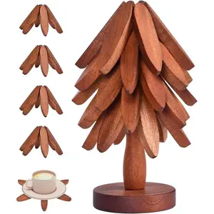 New Set of 5 Walnut Potholders and 1 Holder, Wooden Coasters for Hot Dishes - Christmas Tree Shape! When folded up, it looks like a Christmas tree. It is a foldable kitchen decoration art, perfect for pots, bowls, coffee cups, teapots and hot pots