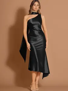 Azazie Euphemia One Shoulder Scarf Drape Pleated Mermaid Cocktail Wedding Celebration Jersey Satin Dress