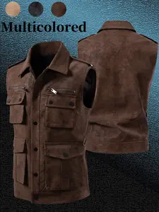 Men's Vintage Utility Vest, Multi-Pocket Sleeveless Leather Jacket, Hardman Style Outerwear, Casual Workwear Waistcoat