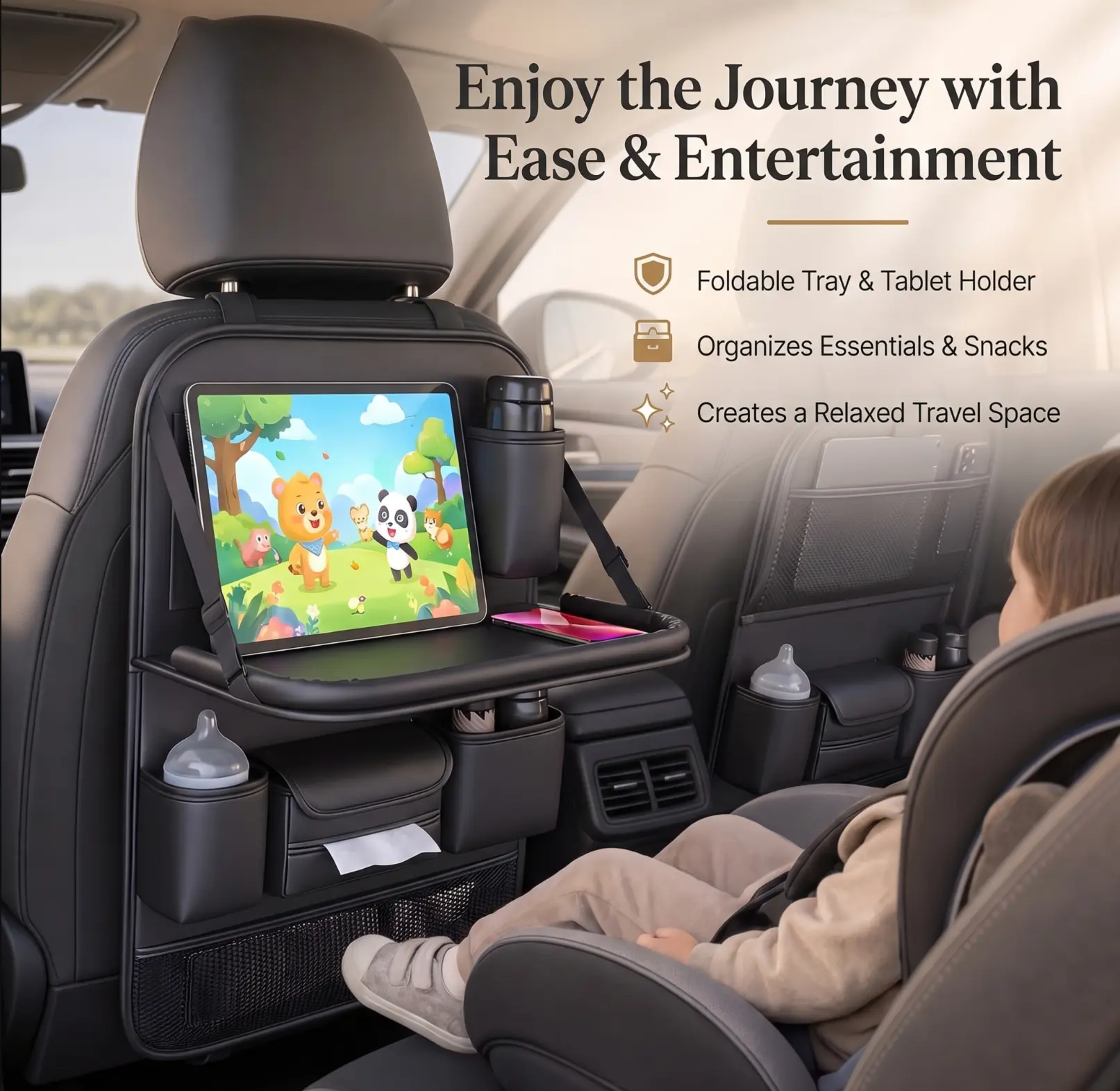 Leather Car Backseat Organizer with Backseat Mount - Table Tray, Seat Protector, Multiple Pockets, Anti-Shake Hold, 1-Minute Install for Kids Travel, Daily Drive, Practical, Road Trips