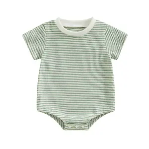 Baby Boy Girl Striped Romper Infant Waffle Short Sleeve Bubble Oversized Onesie Bodysuit Summer Clothes
