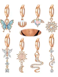 Gorgeous 8 Pcs Rose Golden Elegant Navel Rings Trendy 14G Clicker Surgical Steel Belly Button Rings for Women Men Dangle Belly Rings Sparkling CZ Heart Butterfly Snake Reverse Curved Navel Rings Body Belly Piercing Jewelry Set