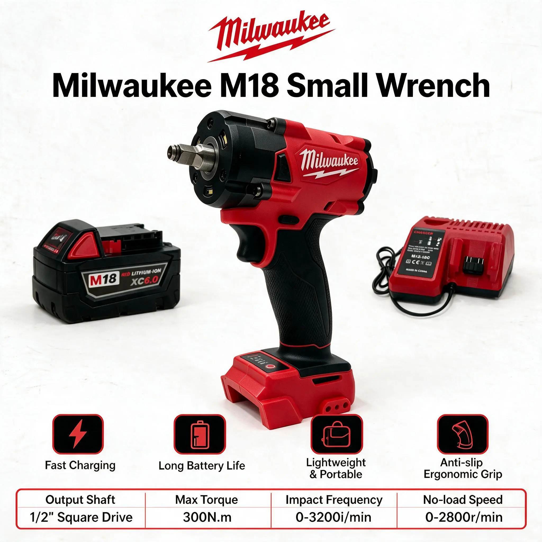 Milwaukee M18 1/2-Inch Brushless Compact Impact Wrench Combo With XC6.0 HIGH OUTPUT Battery And Charger For Automotive Repair And Equipment Maintenance cordless power tool set torque