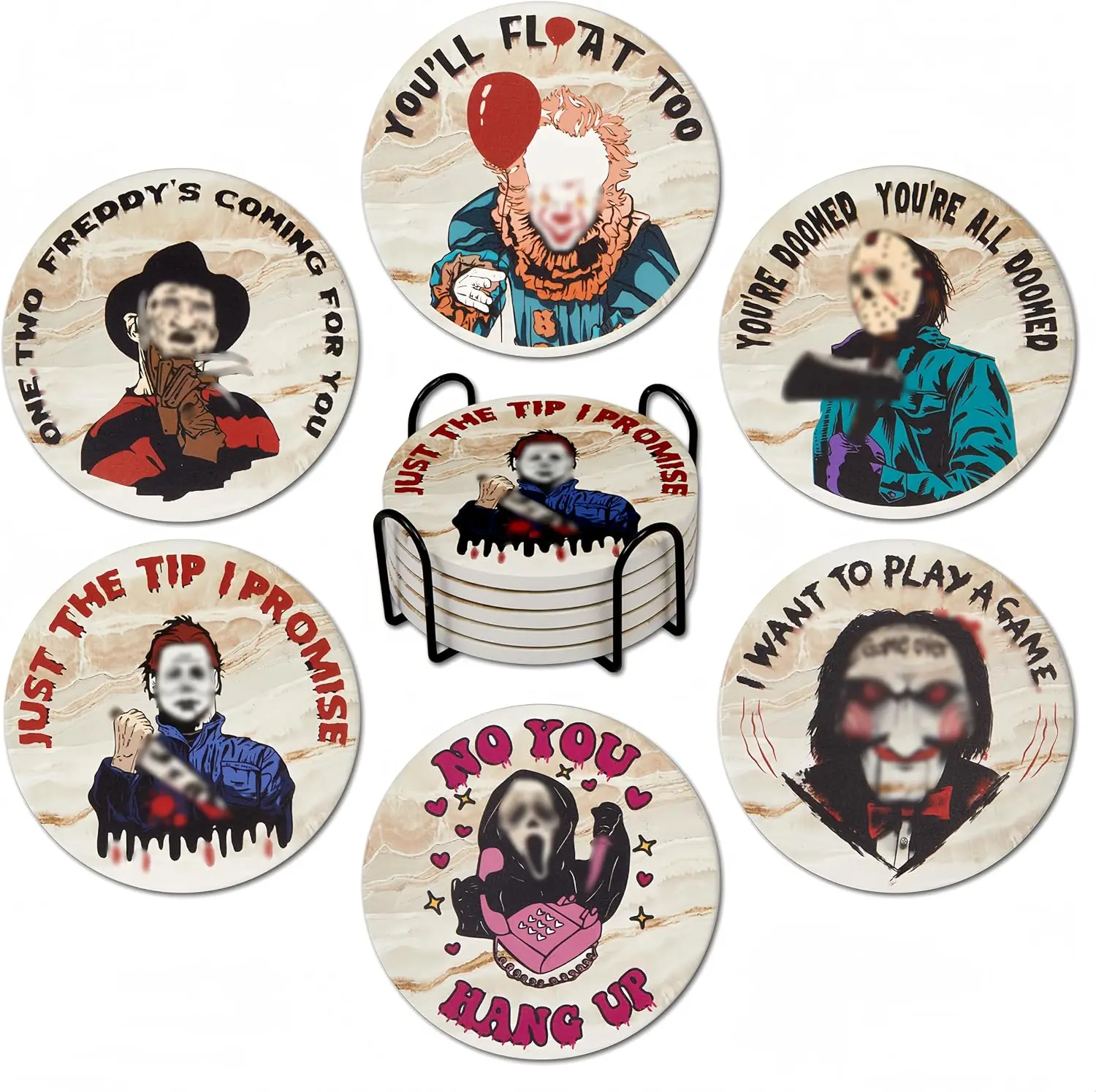 Scary Halloween Decor for Kitchen and Home,Spooky Character Stone Cork Coasters for Coffee Table Drinks,6 Pcs Scary Killer Coaster Set with Holder,Scream Themed Gift and Party Decor