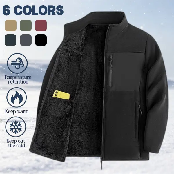 Men’s Casual Colorblock Polyester Pull-On Winter Fleece-Lined Warm Coat - Menswear Tops, Stand Collar, Inner Chest Pocket, Zippered Pockets, Ideal for Cold Weather,sohochic