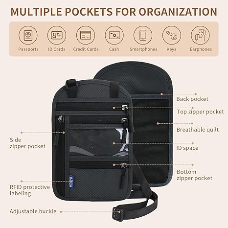 Neck Wallet,RFID Blocking Passport Holder, Easy to Conceal Travel Pouch,Multi-Functional Crossbody Wallet with Adjustable Neck Strap,Durable Nylon Storage Bag for Secure & Convenient Travel