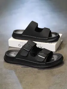 Men's Retro Dual Buckle Sandals, Textured Leather Adjustable Strap, Non-Slip Thick Sole Massage Soft Bottom Shoes, Fashionable Slide Sandals, / Options