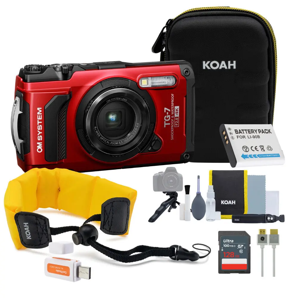 OM SYSTEM Tough TG-7 Digital Point & Shoot Camera (Red) Bundle with 128GB Card, HDMI Cable, USB Cable, Extra Batteries, RAW Support, Mini Tripod, Beach-Ready Accessories