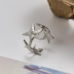 1pc Textured Starfish-Shaped Stainless Steel Open Ring, Material, Tarnish-Resistant, Perfect for Daily Wear, Parties& Holidays- Unisex Gift