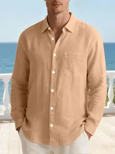 Men's Linen Long Sleeve Button Collared Shirt, Button Front Shirt, Casual Classic Plain Design, Lightweight Breathable Fabric, Suitable for Daily Wear & Special Occasions