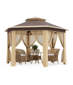 13X13 Pop Up Gazebos,Outdoor Canopy Tent with Mosquito Netting, Double Vented Roof Sun Shelter with Adjustable Heights,for Patio Furniture,Khaki