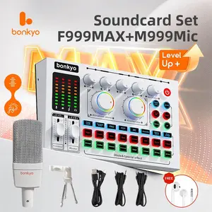 Bonkyo F999Max Sound Card + M997Mic White Live Radio Special Microphone Song Tool Universal Professional for Cells and Computers Cantilever Soundcard set