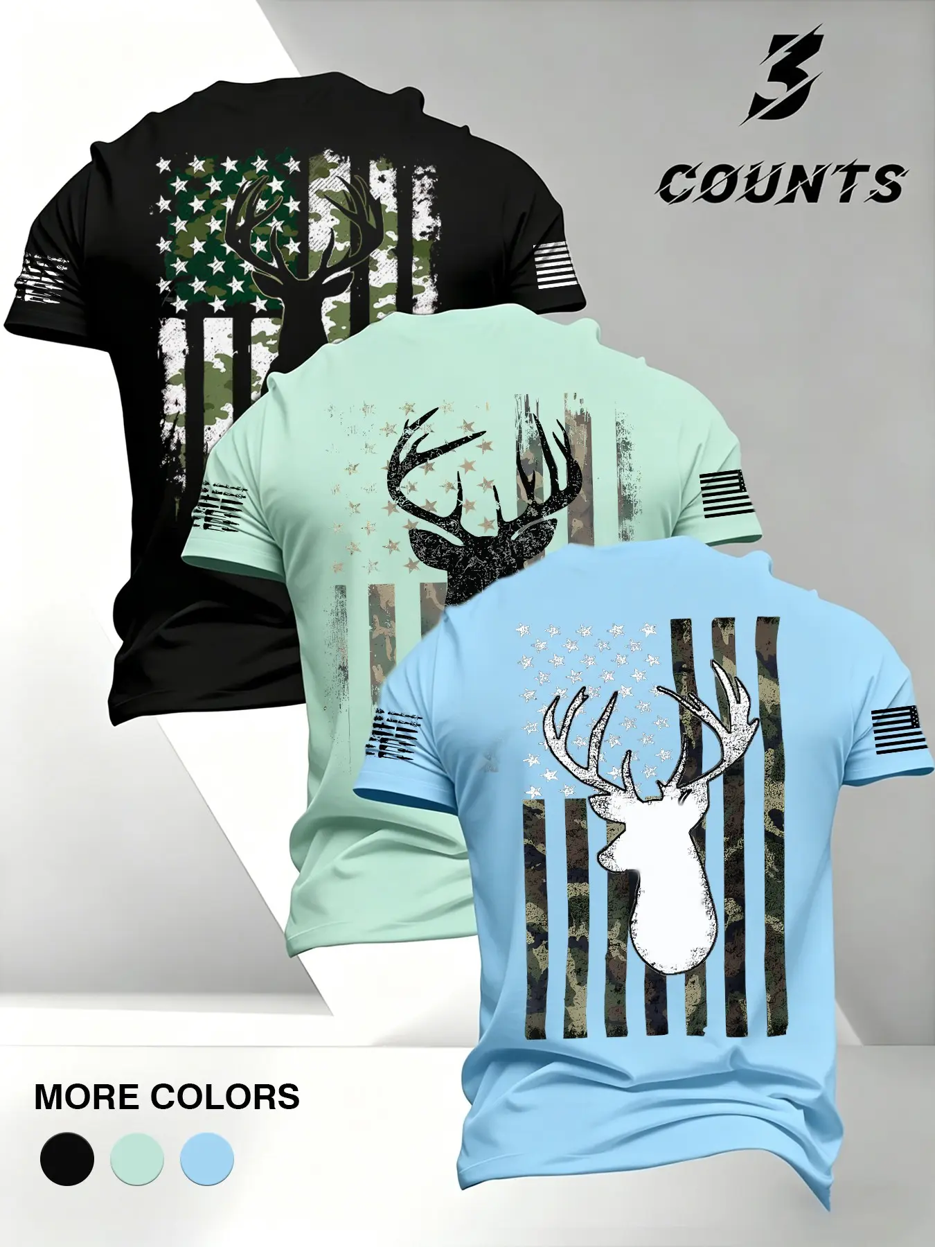 3 Counts Men's Hunting Themed Graphic T-Shirt with Camo American Flag & Deer Print, Patriotic Outdoor Style Tee for Casual & Hunting Outfits, Spring Sale Deals 2026 #springsaledeals2026 #summeroutfits #huntingtee #outdoorwear